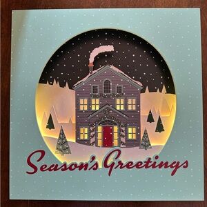 Wooden Season's Greetings Holiday Box with Illuminated House Design